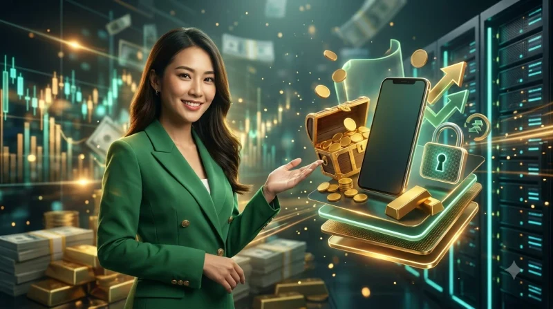Bàn tay chạm vào nút đăng nhập trên điện thoại thông minh với mũi tên vàng
