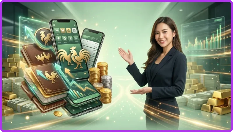 Chiến kê đá gà VSbet với tư thế sẵn sàng chiến đấu, nền tối sang trọng với hiệu ứng ánh sáng neon và vàng